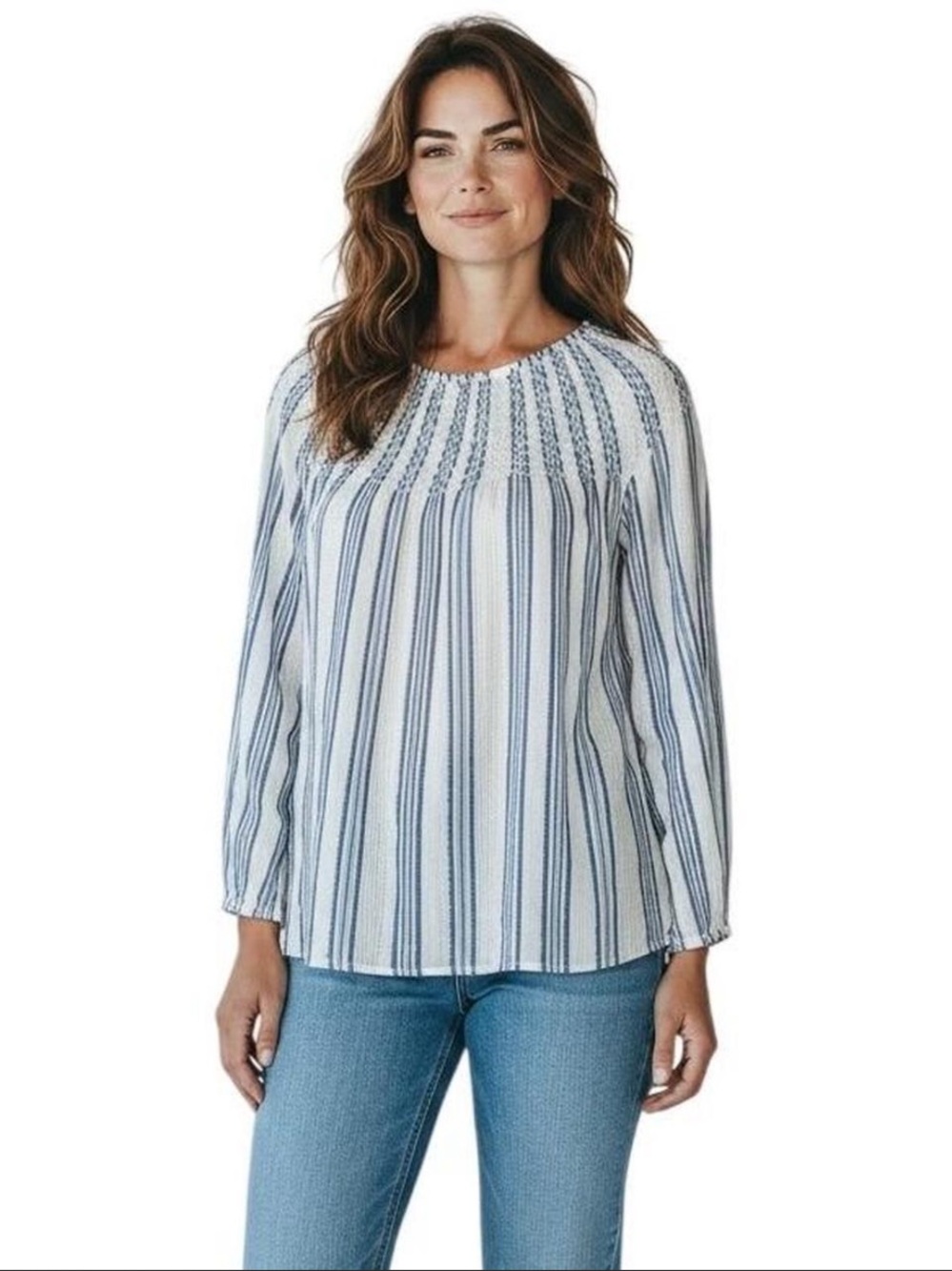 J. Jill Blue & White Striped Smocked Yoke Blouse